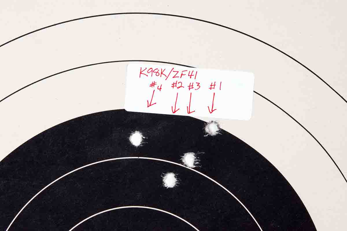 Mike became a believer in quick-detachable scope mounts after firing this four-shot group at 100 yards. After the first and second shots, the ZF41 scope was dismounted and then remounted. Then the third and fourth shots were fired.